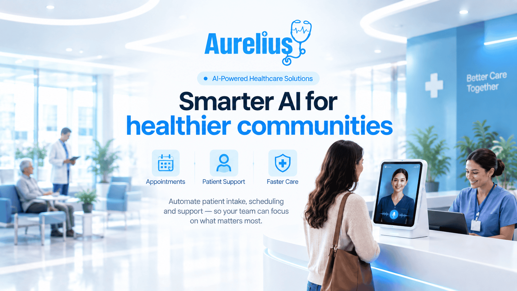 A patient checking in with the Aurelius AI assistant at a clinic reception desk