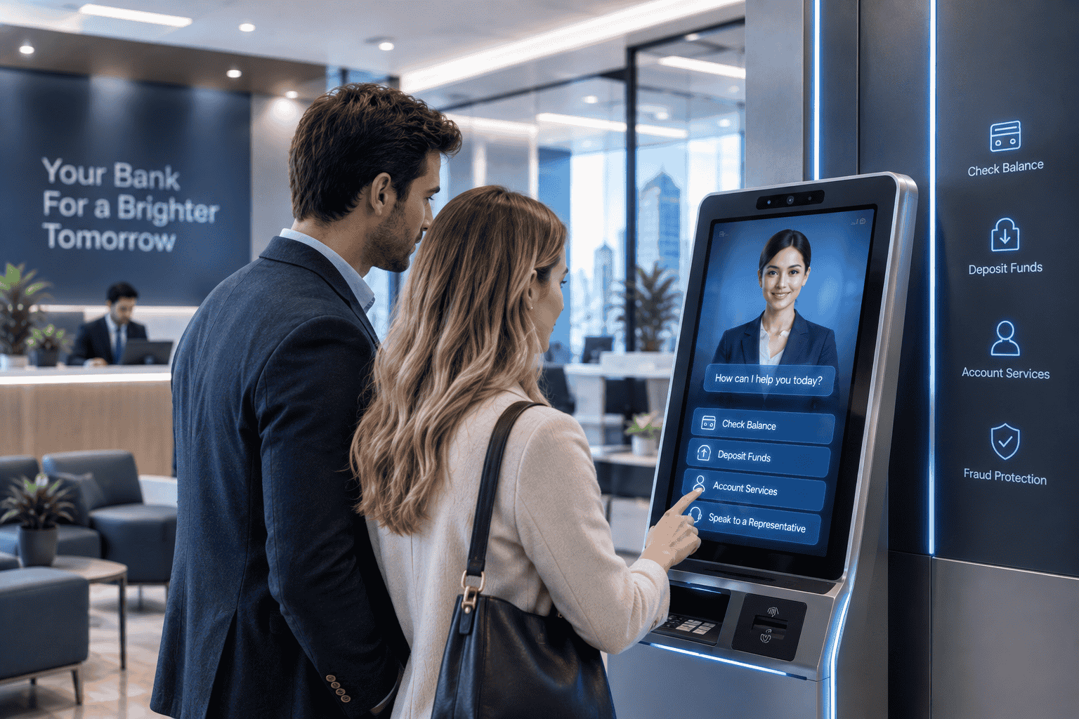 Customers using an AI virtual assistant kiosk in a bank branch