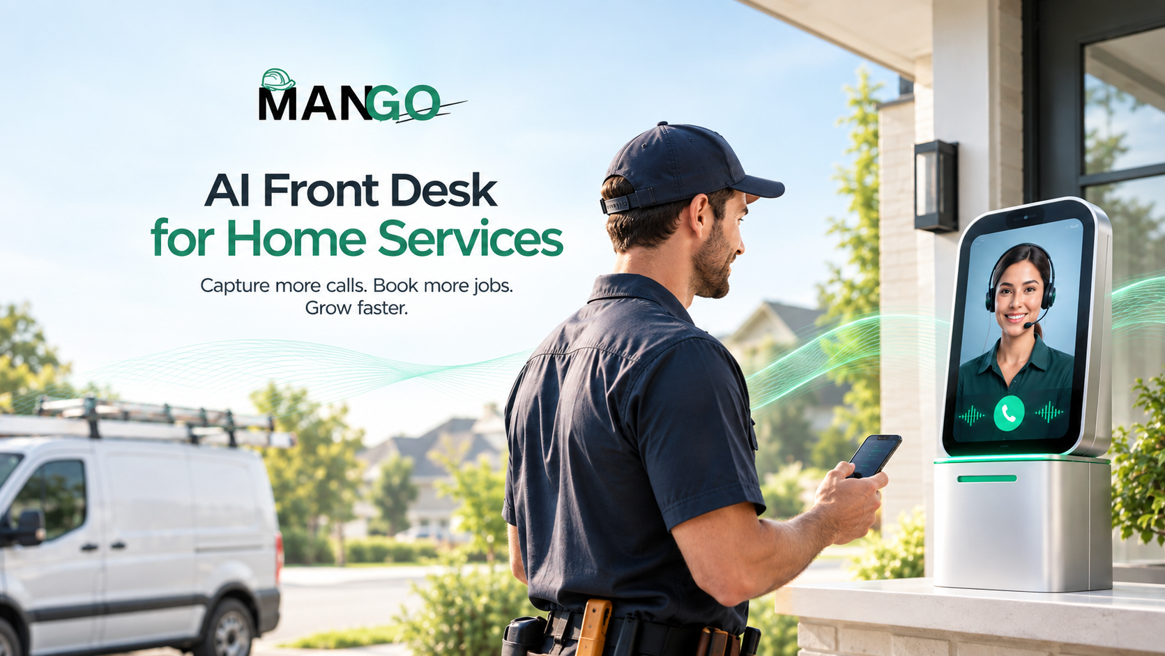 A Mango technician talking to an AI front desk outside a suburban home