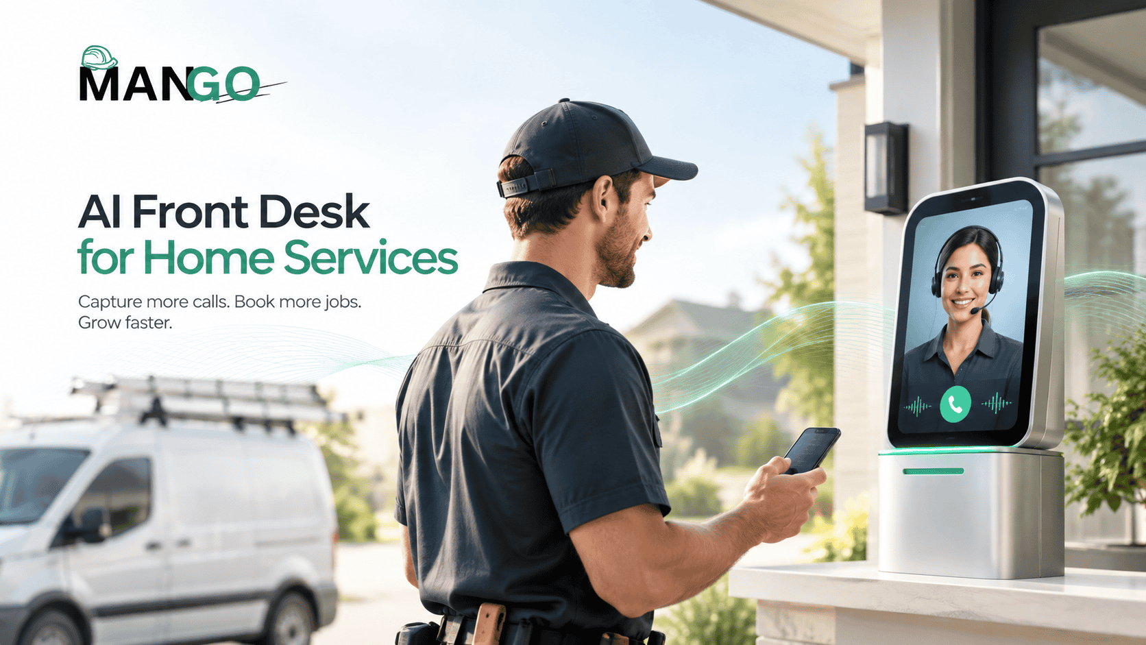 A Mango technician talking to an AI front desk outside a suburban home
